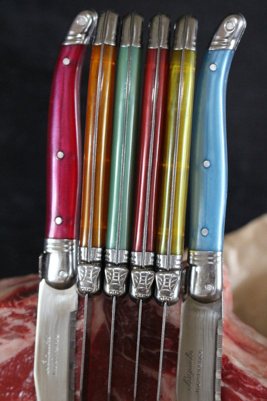Laguiole 6 Piece Steak Knife Set, Rainbow in Wood Presentation Box