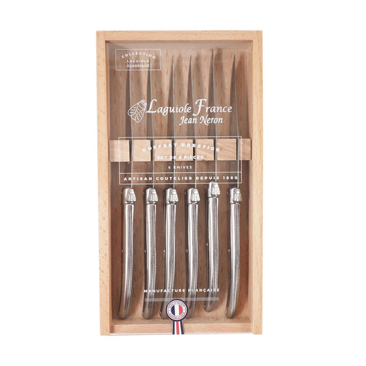 Laguiole 6 Piece Steak Knife Set, Platine Stainless Steel in Wood Box with Acrylic Lid