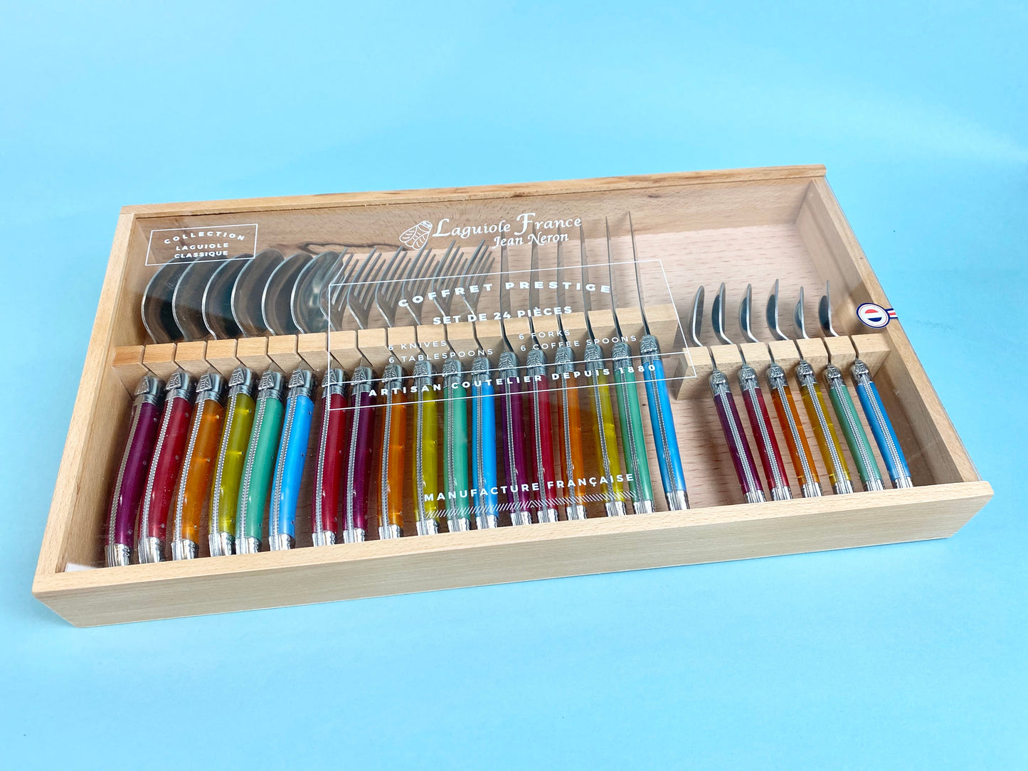 Laguiole 24 Piece Flatware Set, Rainbow in Wood Box with Acrylic Lid