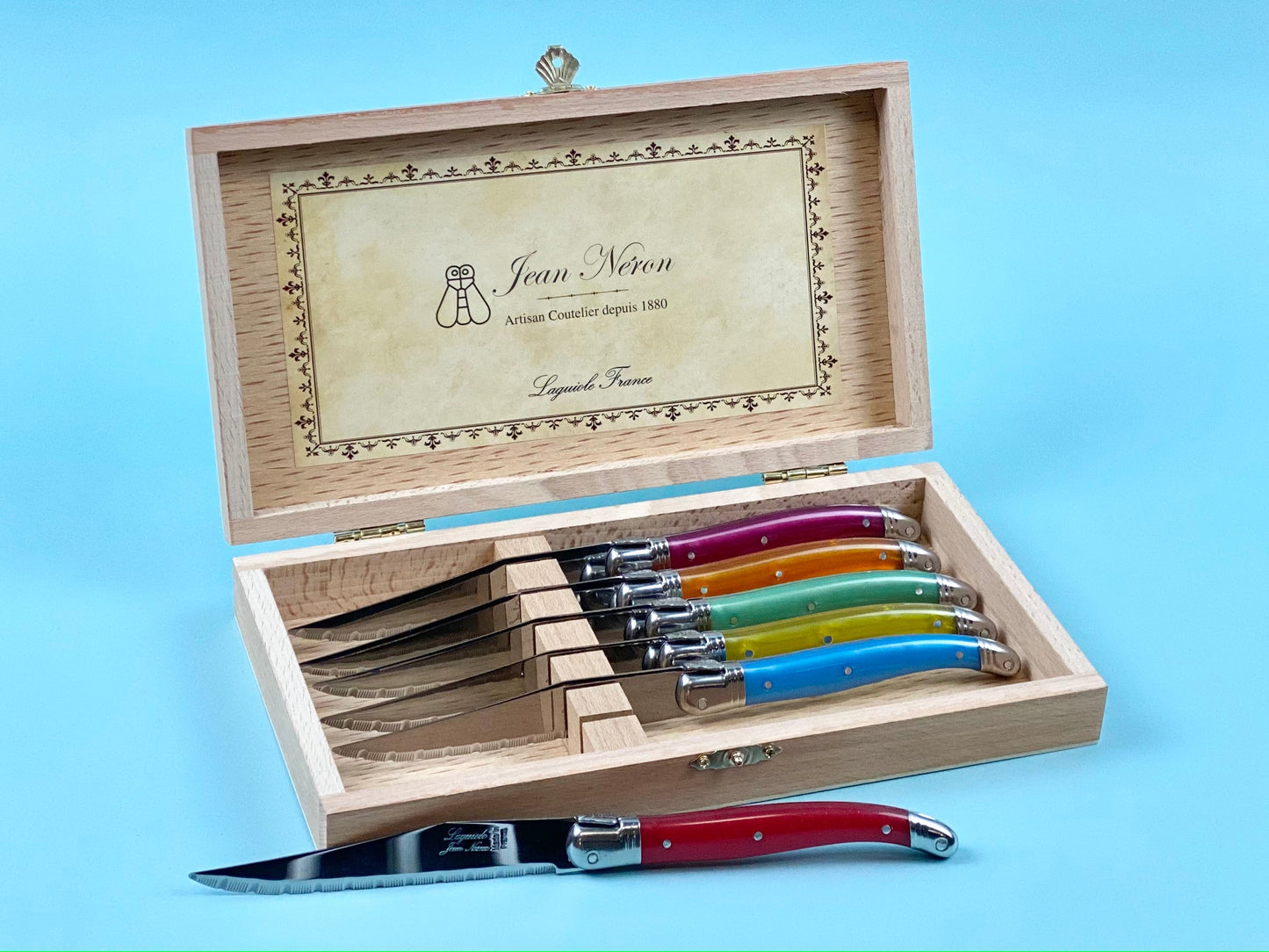 Laguiole 6 Piece Steak Knife Set, Rainbow in Wood Presentation Box