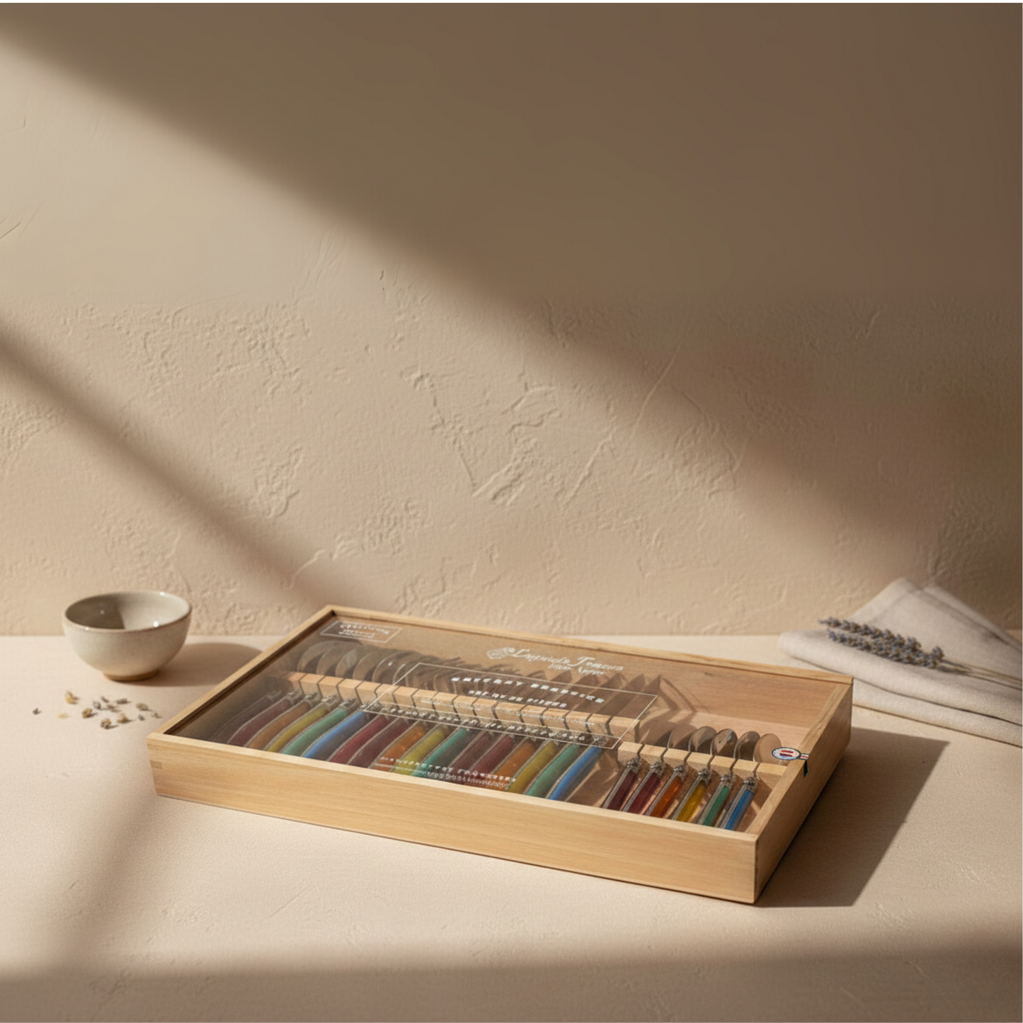 Laguiole 24 Piece Flatware Set, Platine Rainbow in Wood Box with Acrylic Lid