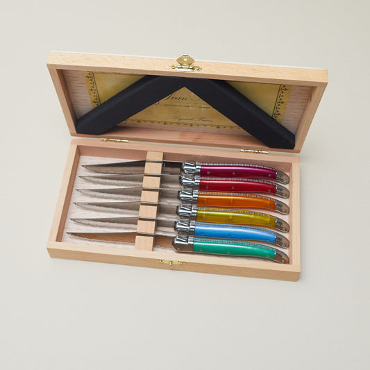 Laguiole 6 Piece Steak Knife Set, Platine Rainbow in Wood Presentation Box