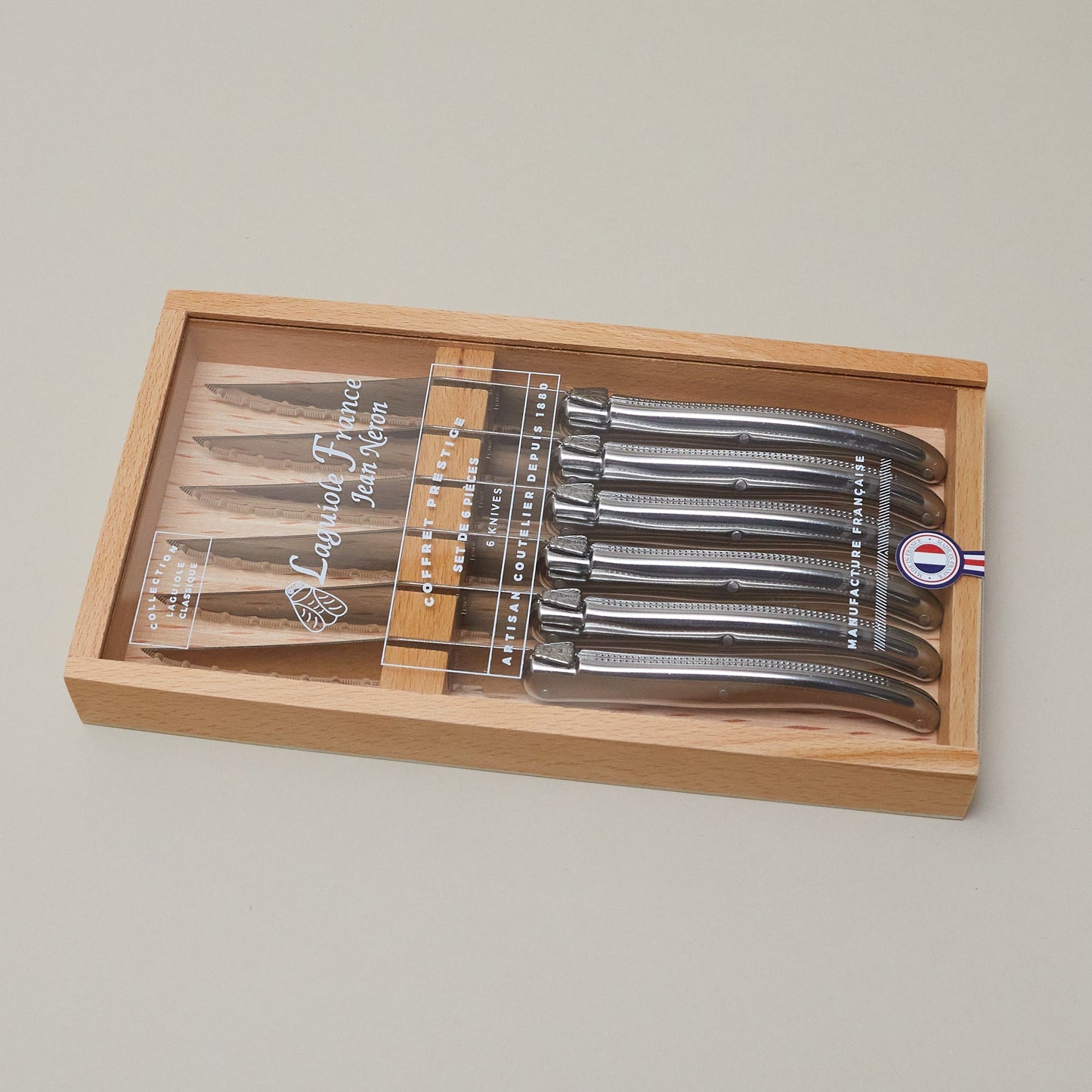 Laguiole 6 Piece Steak Knife Set, Platine Stainless Steel in Wood Box with Acrylic Lid