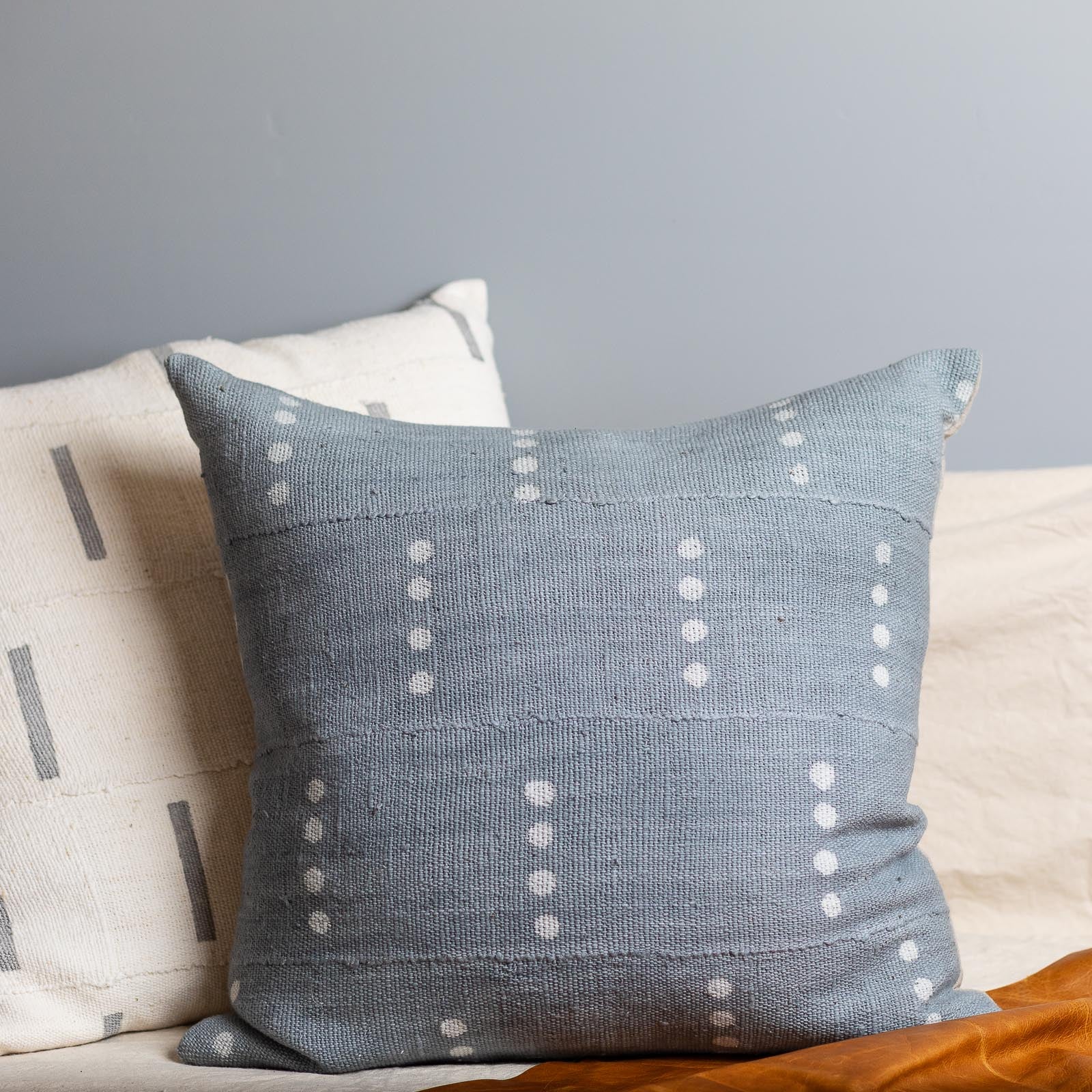 Mud Cloth Square Pillow, Blue / Grey with Dots