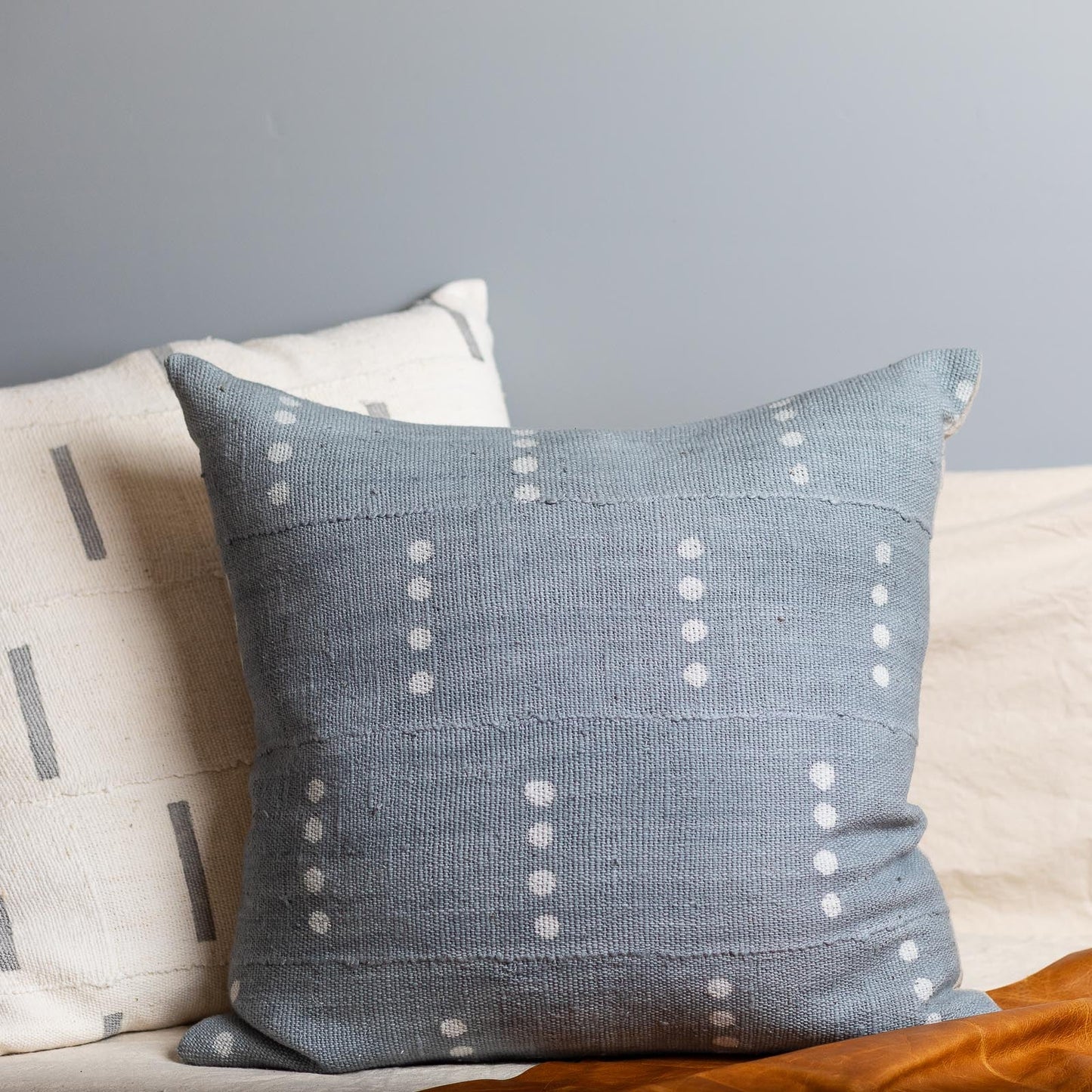 Mud Cloth Square Pillow, Blue / Grey with Dots