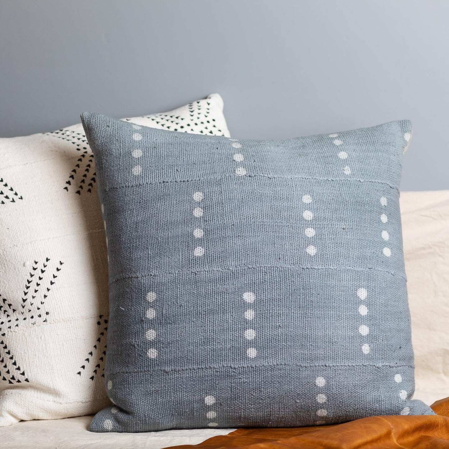Mud Cloth Square Pillow, Blue / Grey with Dots