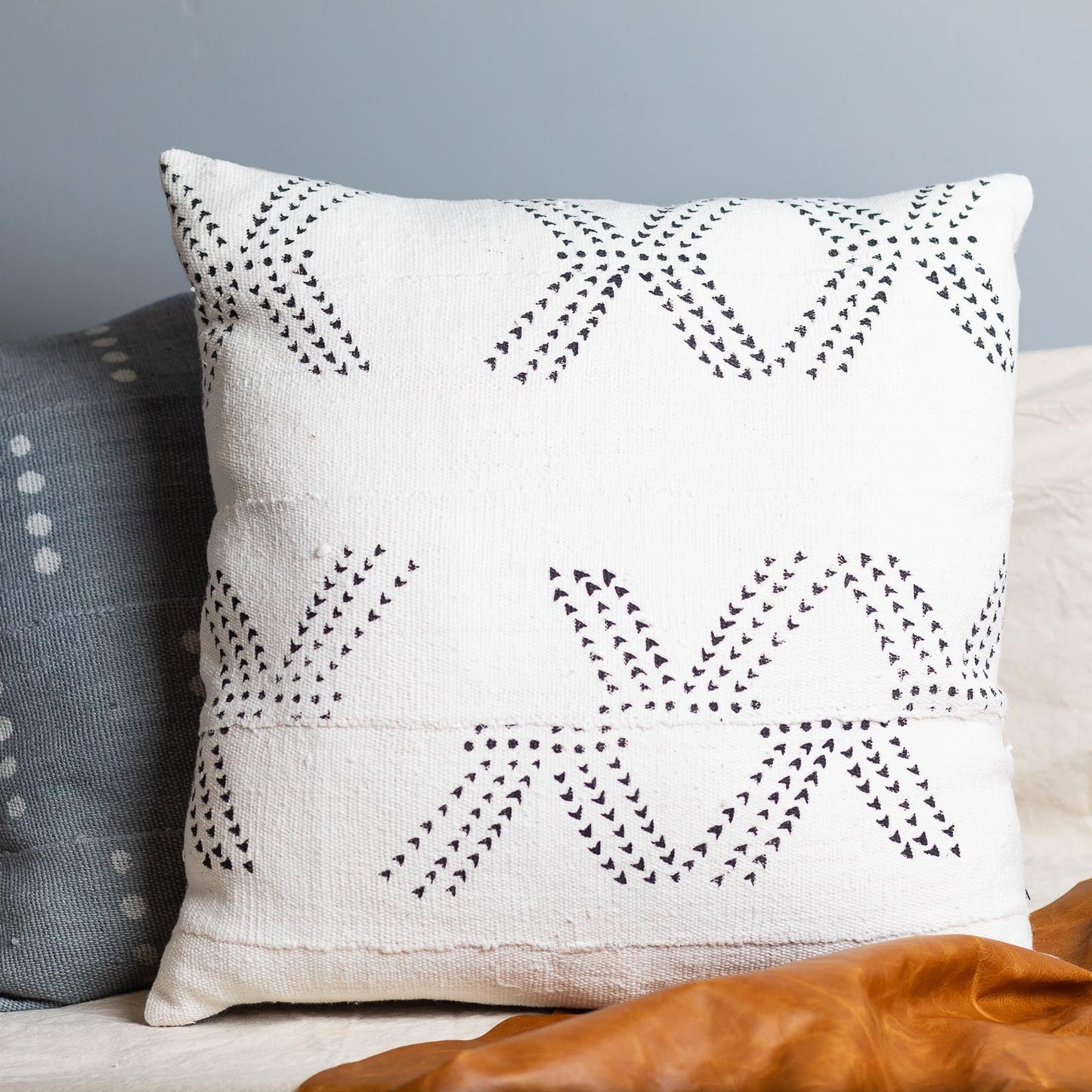 Mud Cloth Square Pillow, White with Tracks