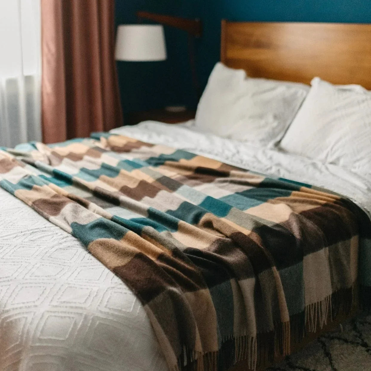 Lambswool Blanket in Teal Block Check