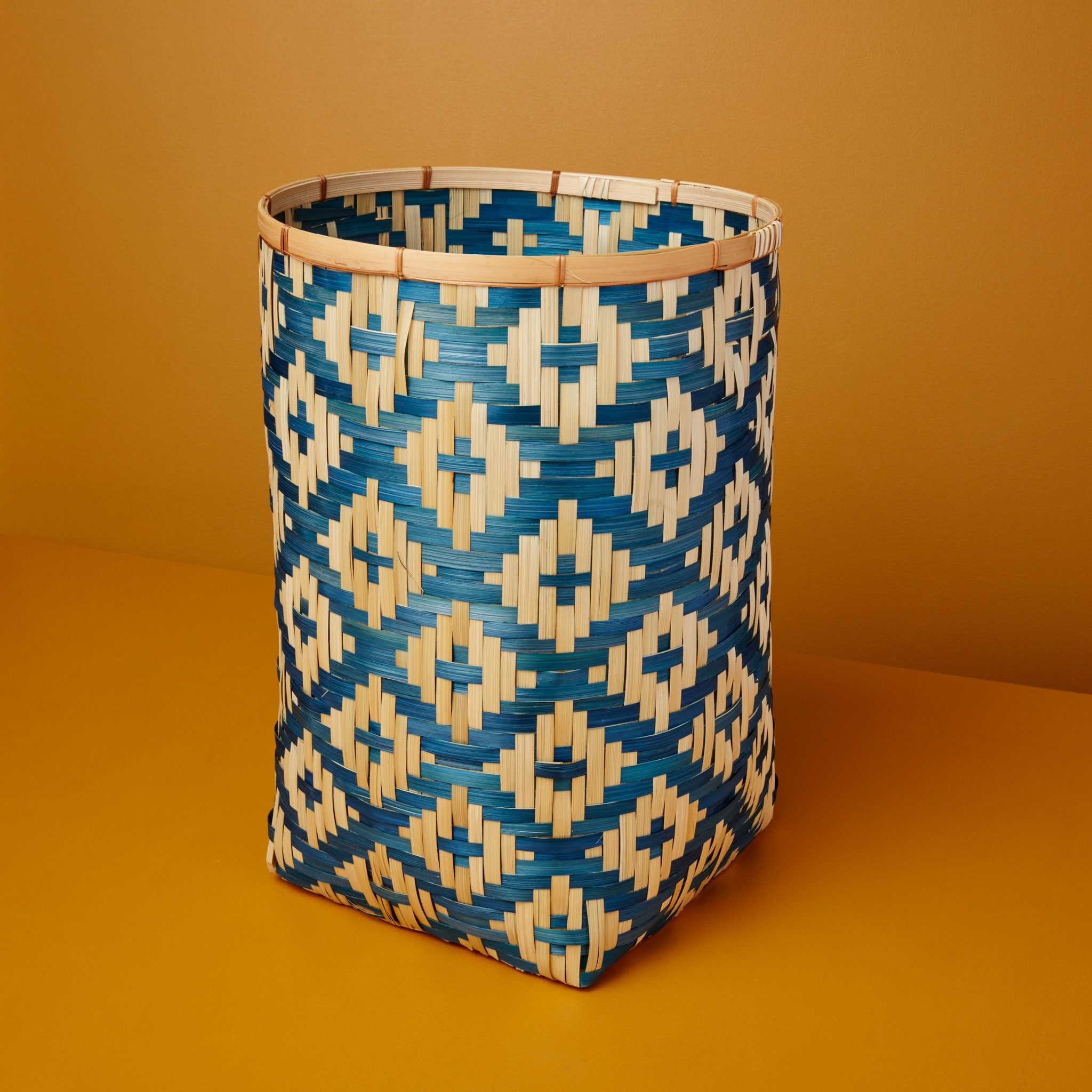 Diamond Weave Bamboo Basket Large, Blue