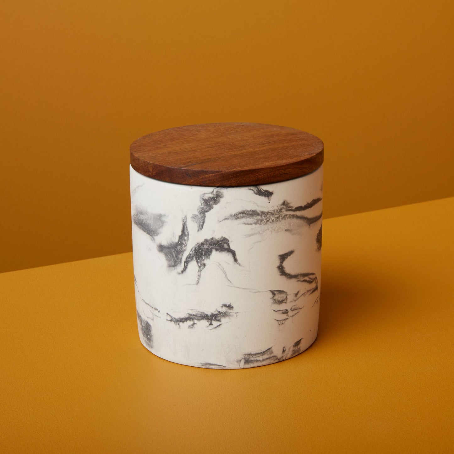 Marbled Cement Container with Wood Lid, Black