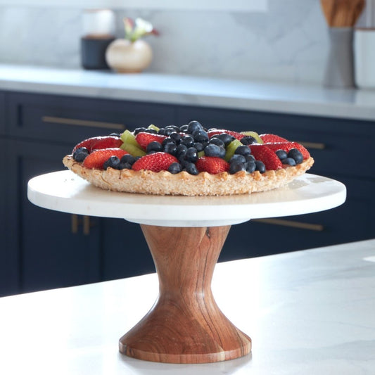 White Marble & Acacia Rotating Cake Stand