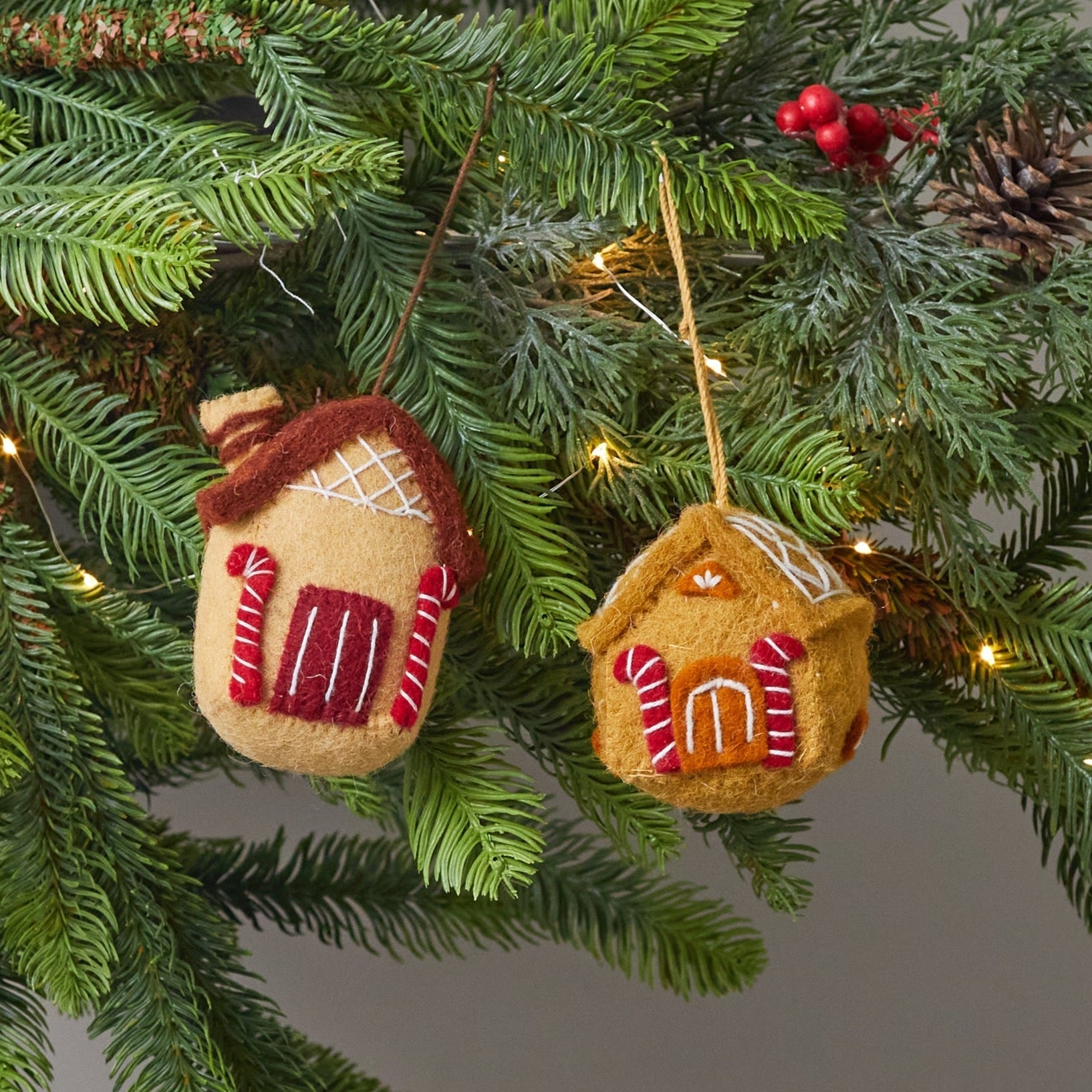 Wool Felt Gingerbread House Ornaments, Set of 2