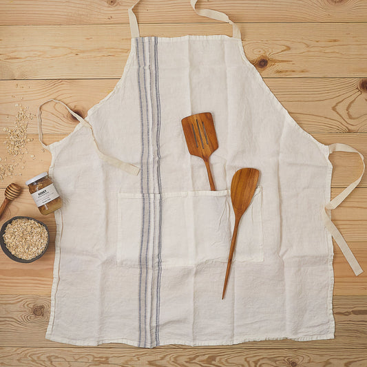 Carmela Kitchen Apron, Ivory with Light Blue