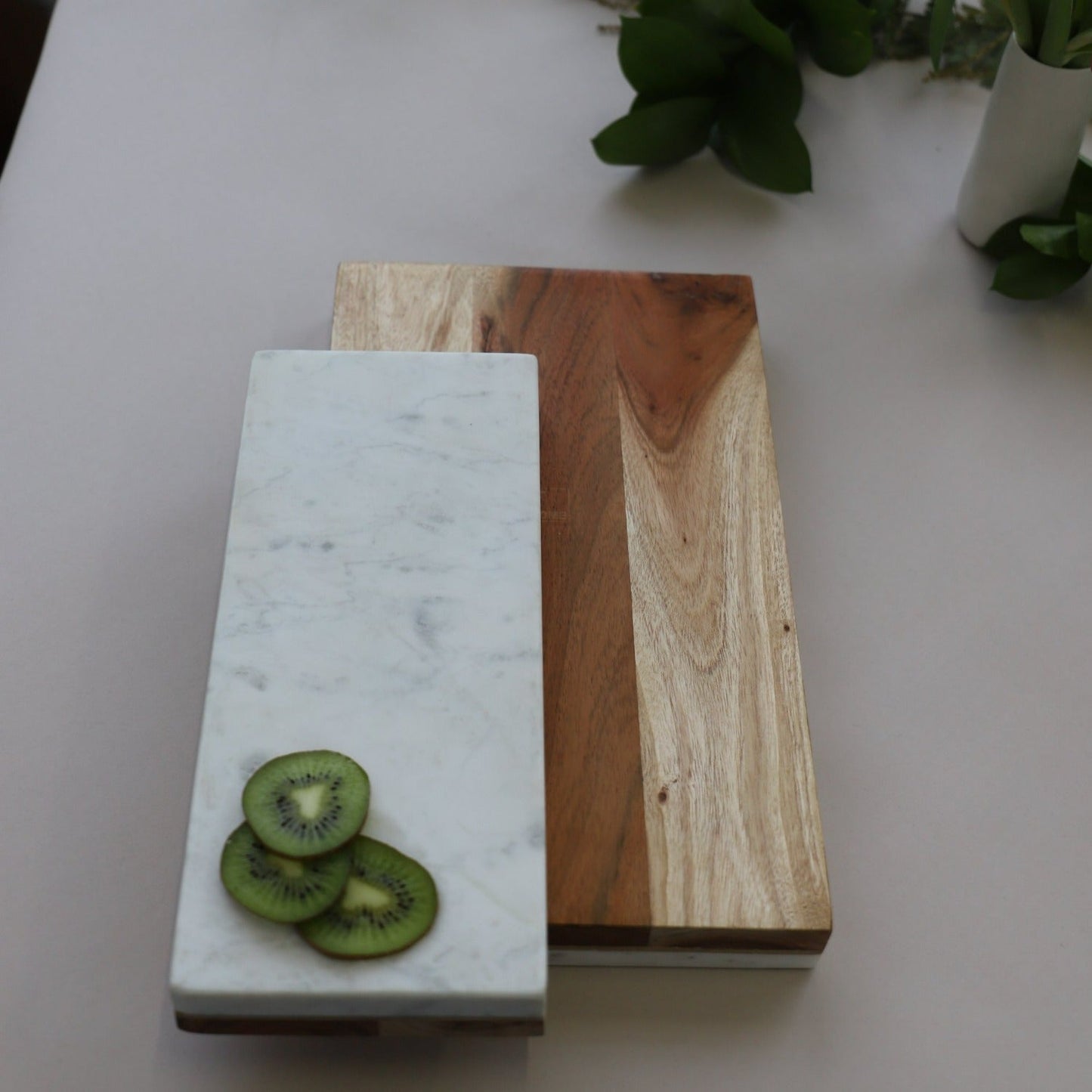 White Marble & Wood Reversible Rectangular Board, Large