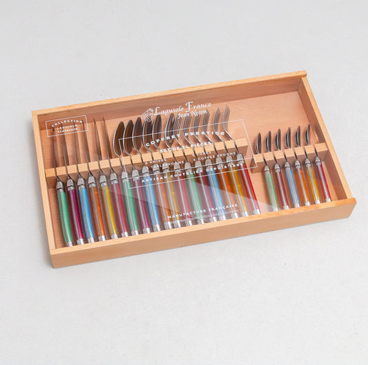 Laguiole 24 Piece Flatware Set, Platine Rainbow in Wood Box with Acrylic Lid