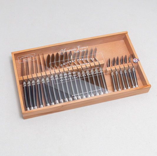 Laguiole 24 Piece Flatware Set, Platine Black in Wood Box with Acrlyic Lid