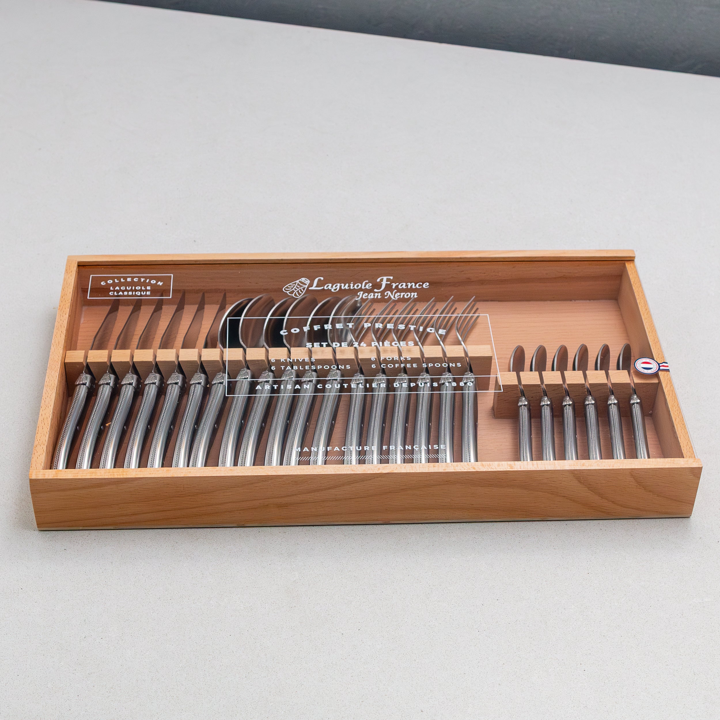 Laguiole 24 Piece Flatware Set, Platine Stainless Steel in Wood Box with Acrylic Lid