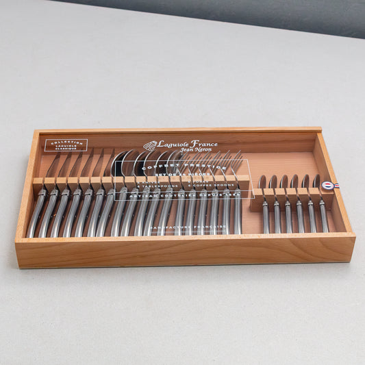 Laguiole 24 Piece Flatware Set, Platine Stainless Steel in Wood Box with Acrylic Lid