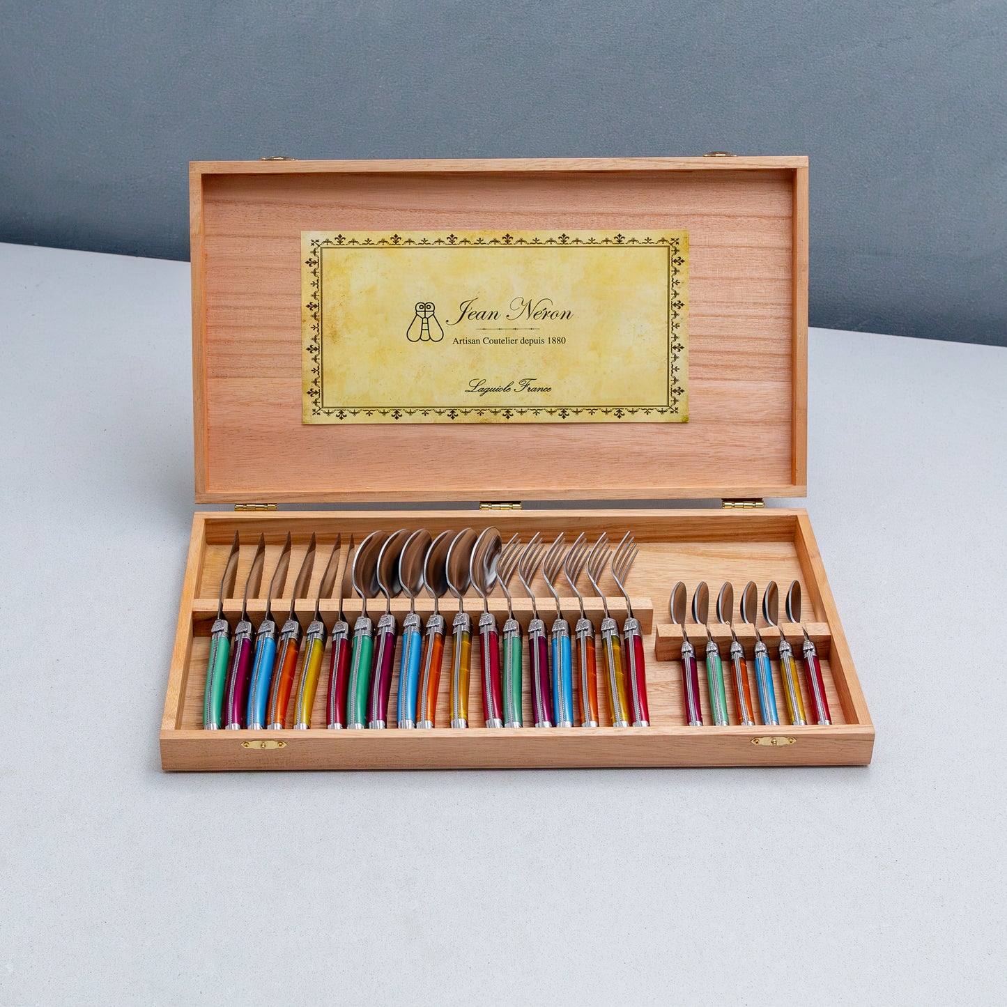 Laguiole 24 Piece Flatware Set, Platine Rainbow in Wood Presentation Box