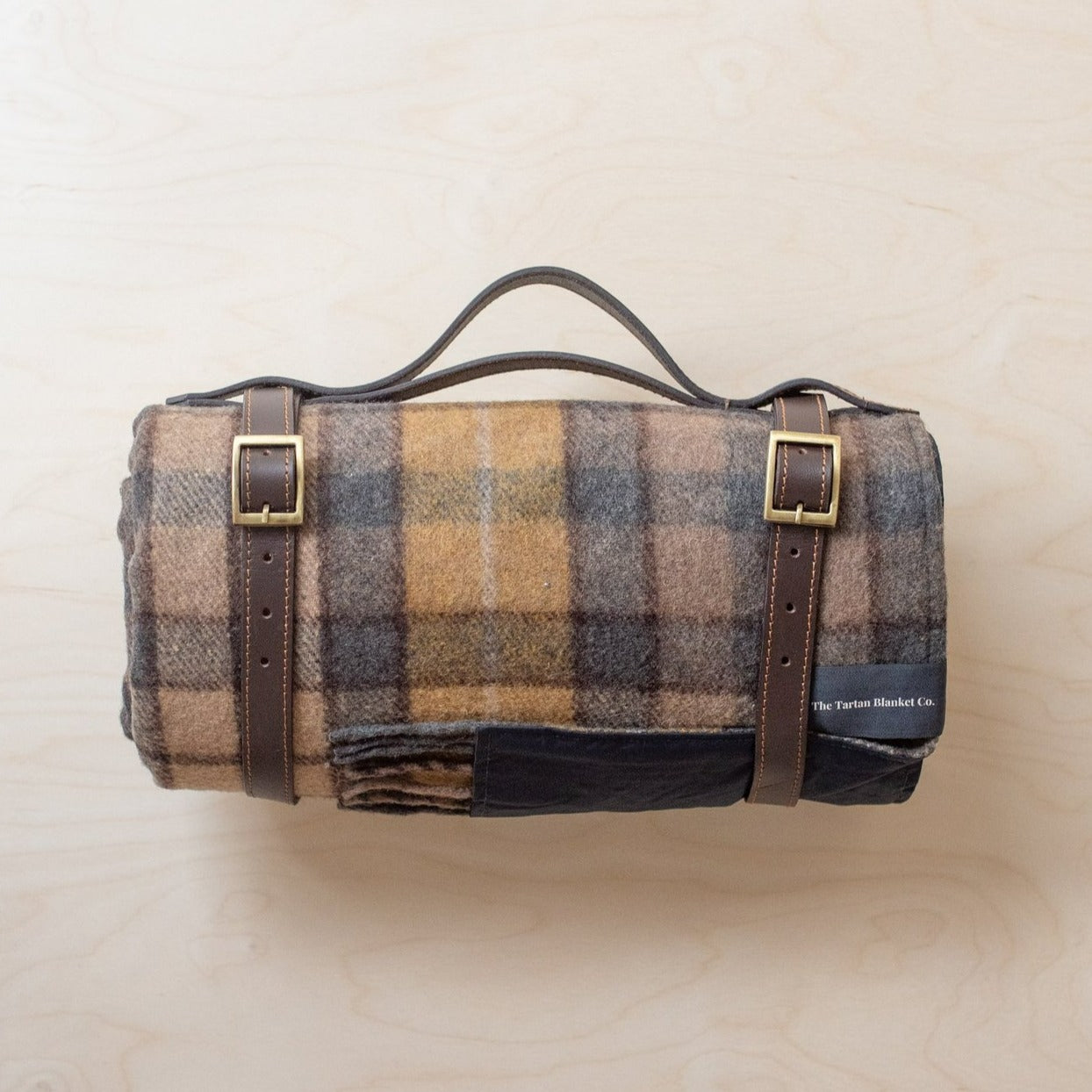 Recycled Wool Waterproof Picnic Blanket in Buchanan Natural Tartan - Brown Leather