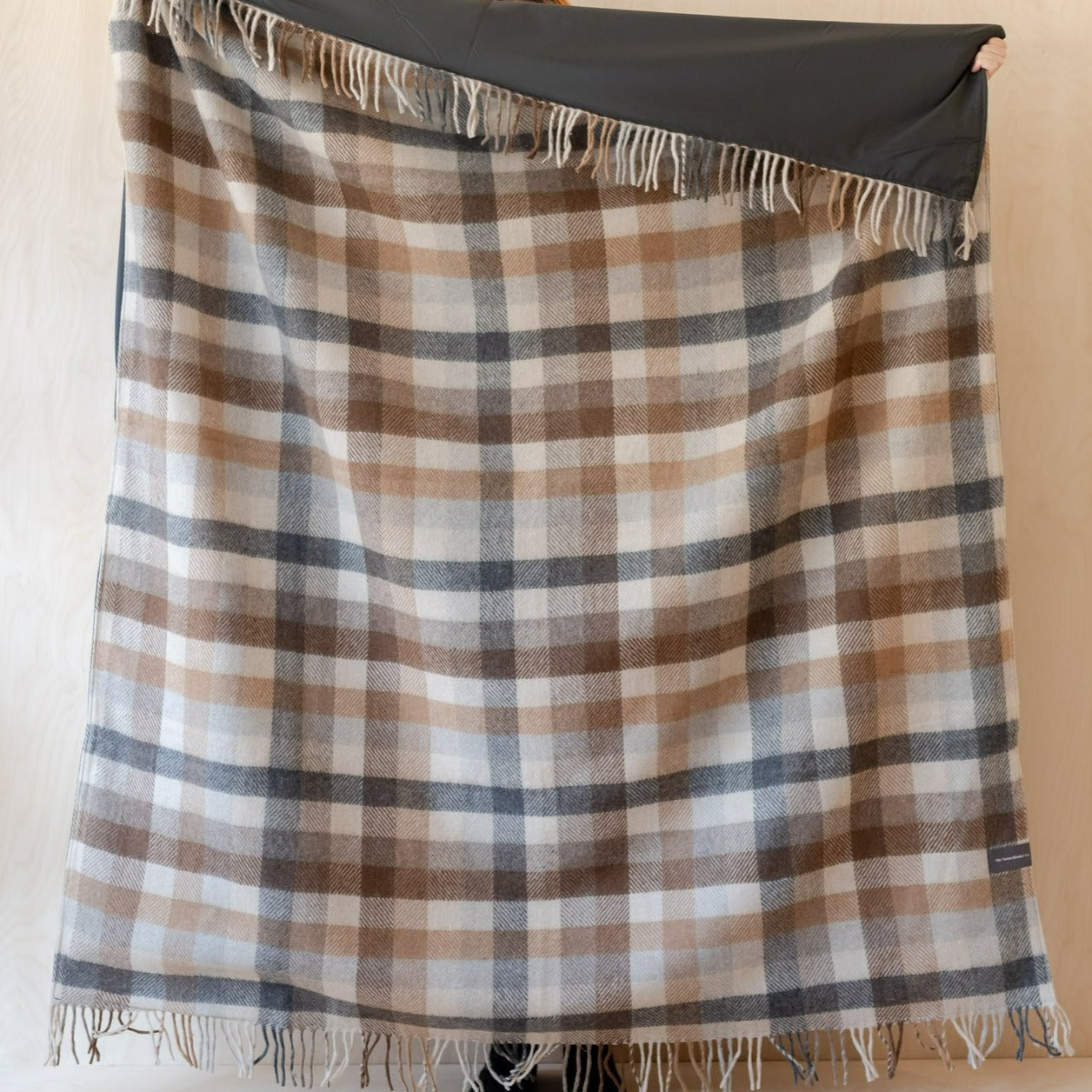 Recycled Wool Waterproof Picnic Blanket in Neutral Herringbone Check - Taupe Leather