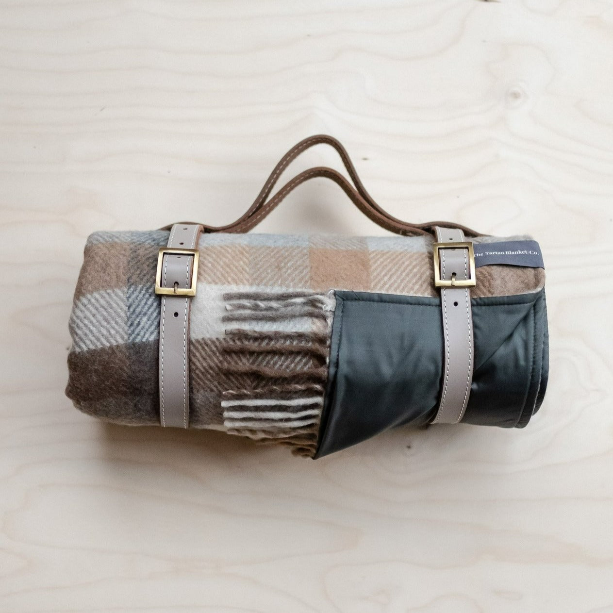 Recycled Wool Waterproof Picnic Blanket in Neutral Herringbone Check - Taupe Leather