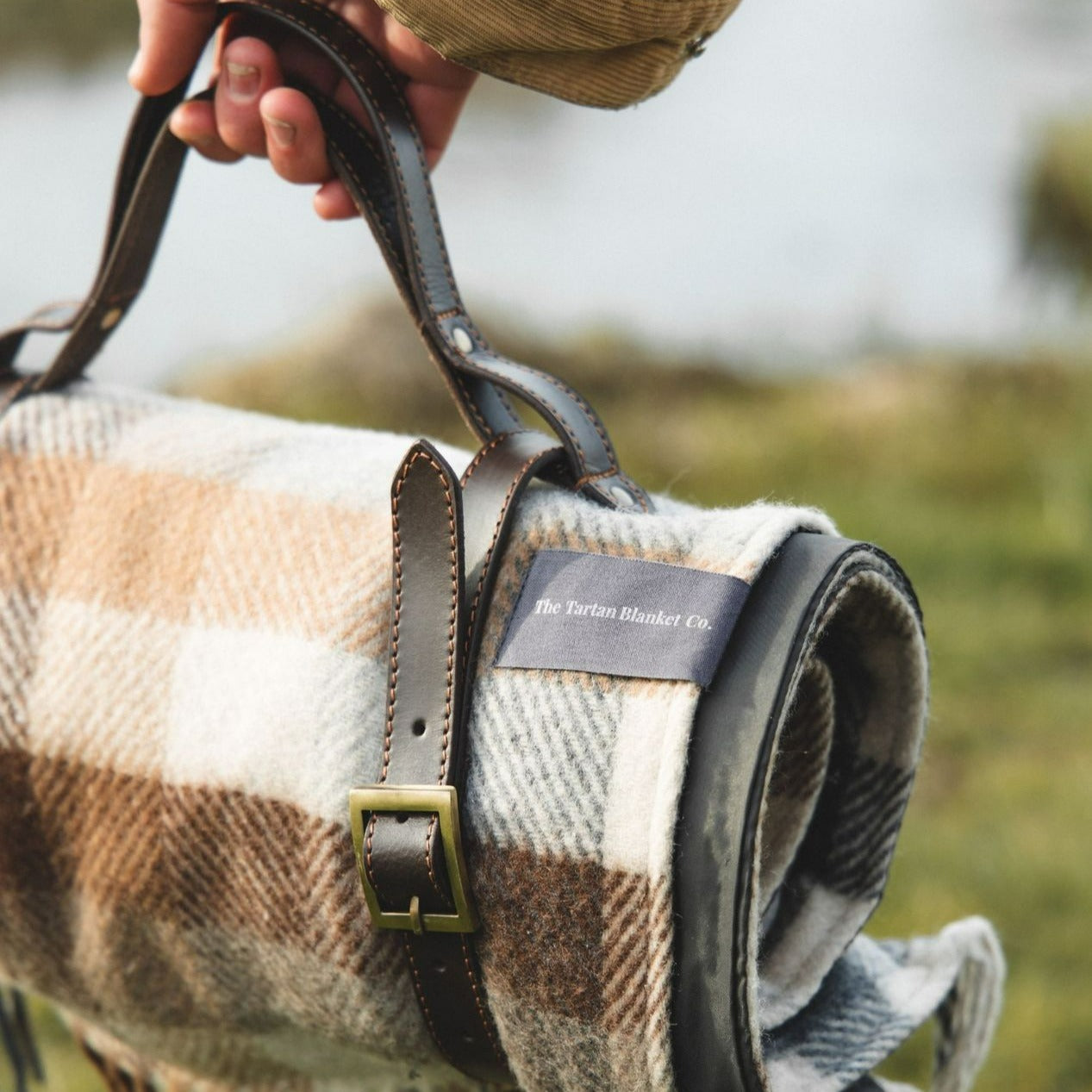 Recycled Wool Waterproof Picnic Blanket in Neutral Herringbone Check - Taupe Leather