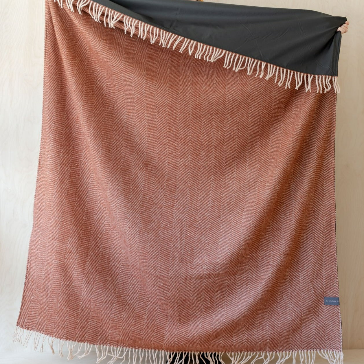 Recycled Wool Waterproof Picnic Blanket in Rust Herringbone - Brown Leather