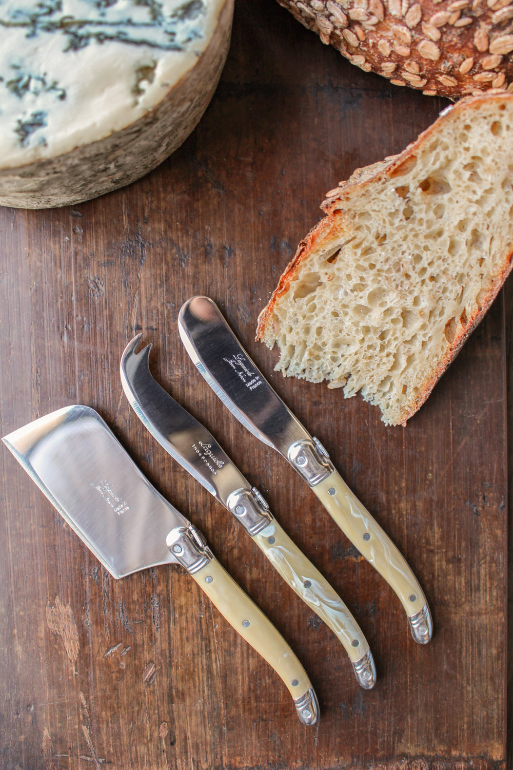Laguiole 3 Piece Mini Cheese Utensil Set, Pale Horn in Kraft Paper Box