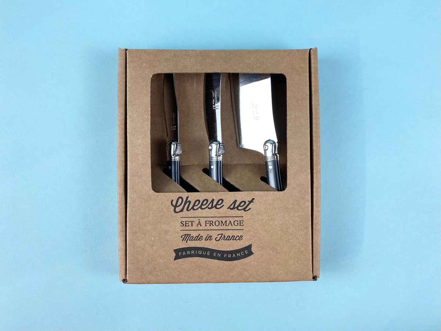 Laguiole 3 Piece Mini Cheese Utensil Set, Black in Kraft Paper Box