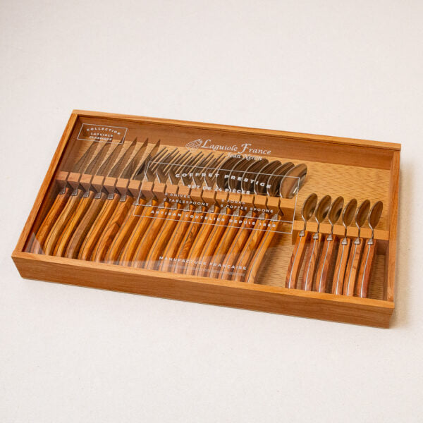 Laguiole 24 Piece Flatware Set, Olivewood in Wood Box with Acrylic Lid