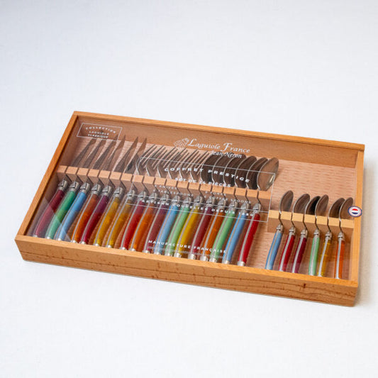 Laguiole 24 Piece Flatware Set, Rainbow in Wood Box with Acrylic Lid