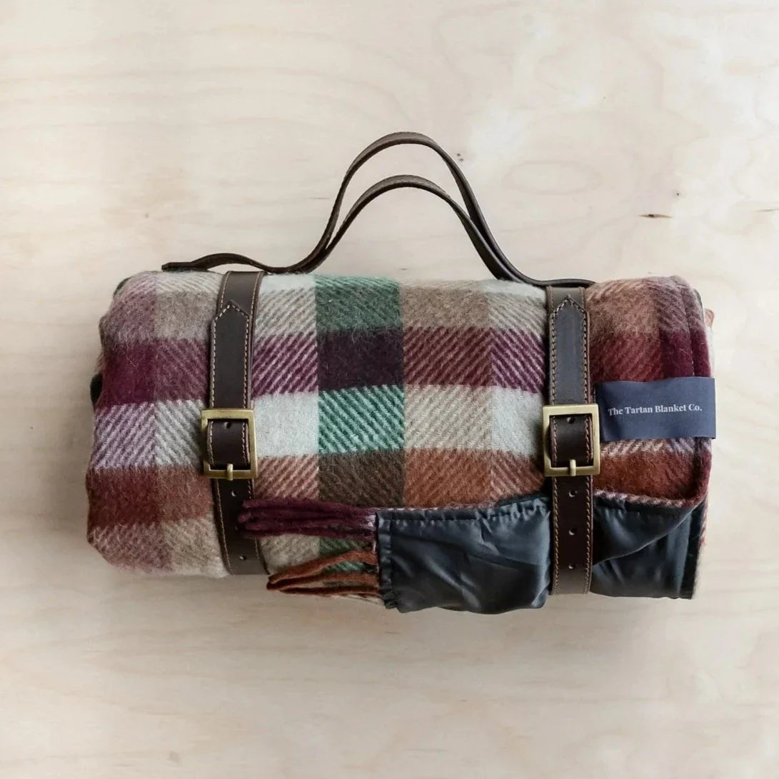 Recycled Wool Waterproof Picnic Blanket in Forest Check
