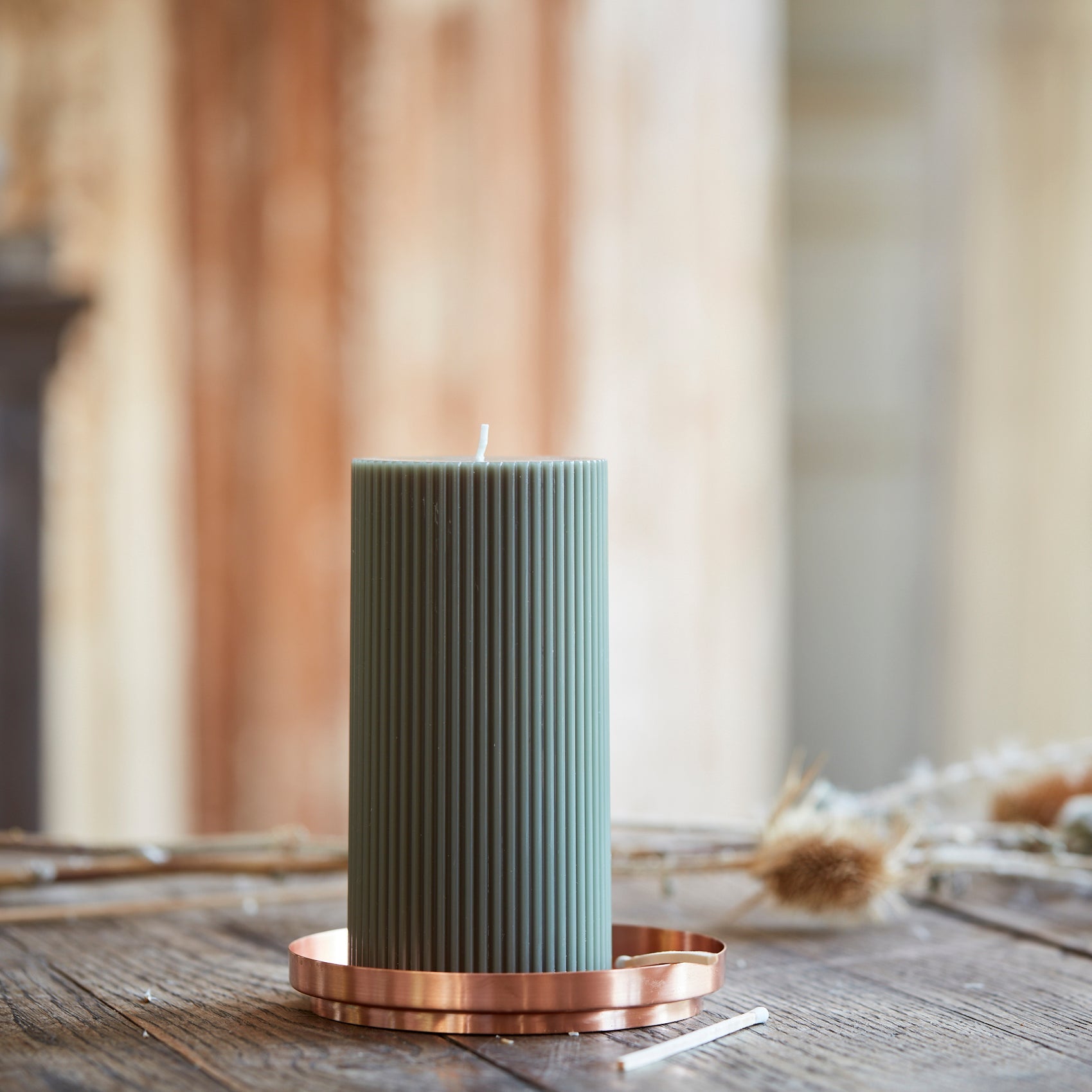 Ribbed Pillar Candle, Moss
