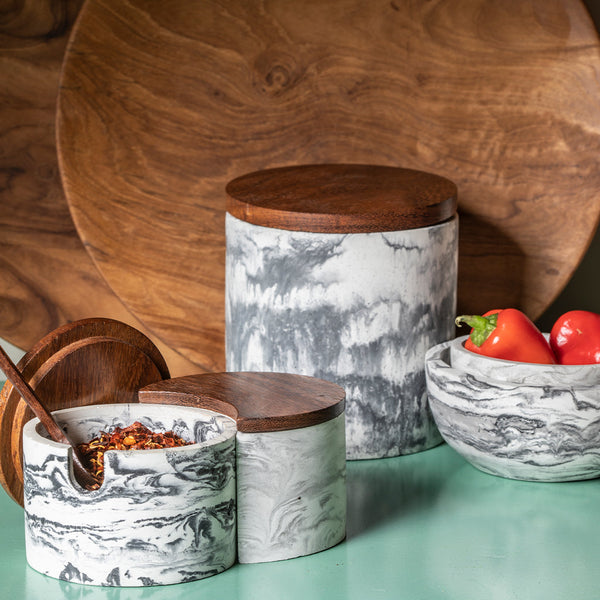 Marbled Cement & Acacia Canister, Black