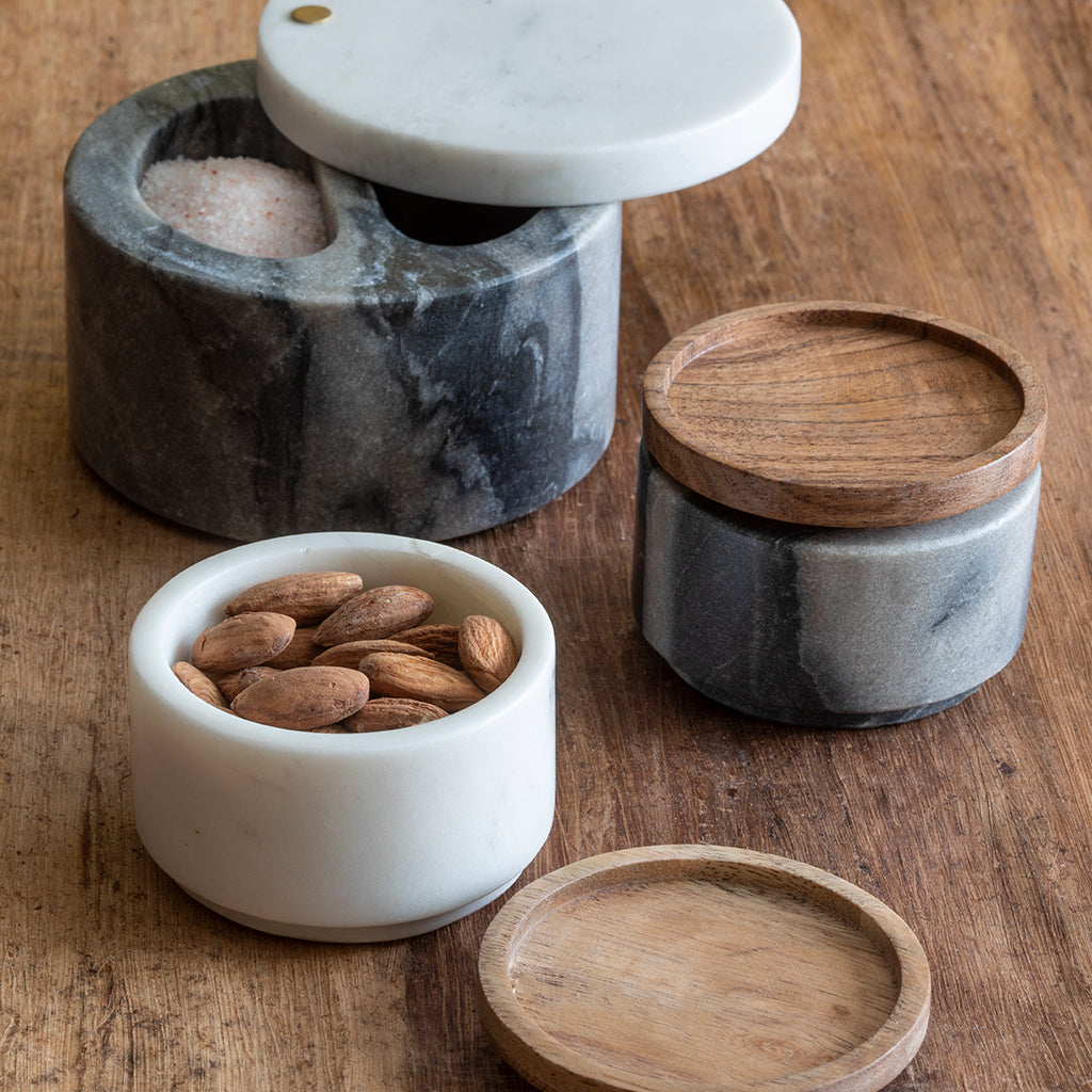 White & Gray Marble Cellar with Pivoting Lid