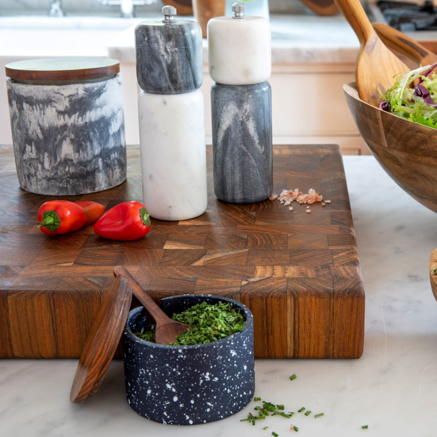 Marbled Cement Container with Wood Lid, Black