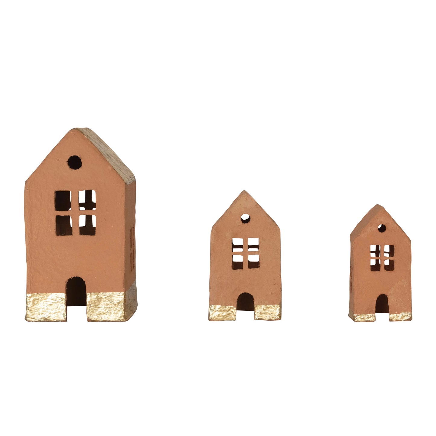 Handmade Paper Mache Houses with Gold Foil Terracotta, Set of 3