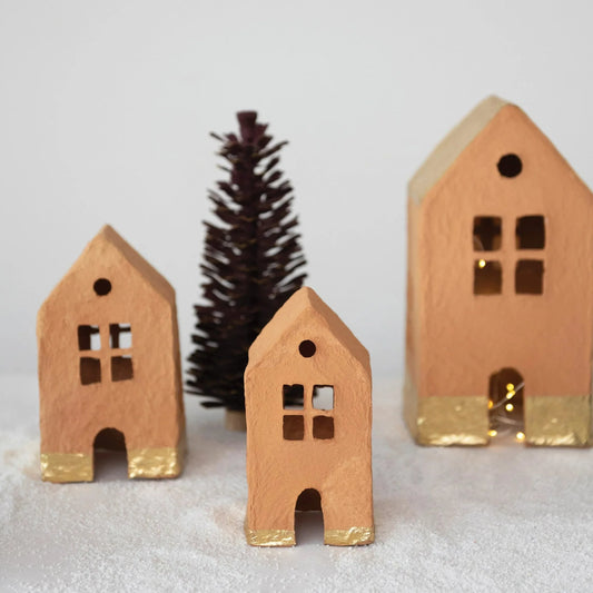 Handmade Paper Mache Houses with Gold Foil Terracotta, Set of 3