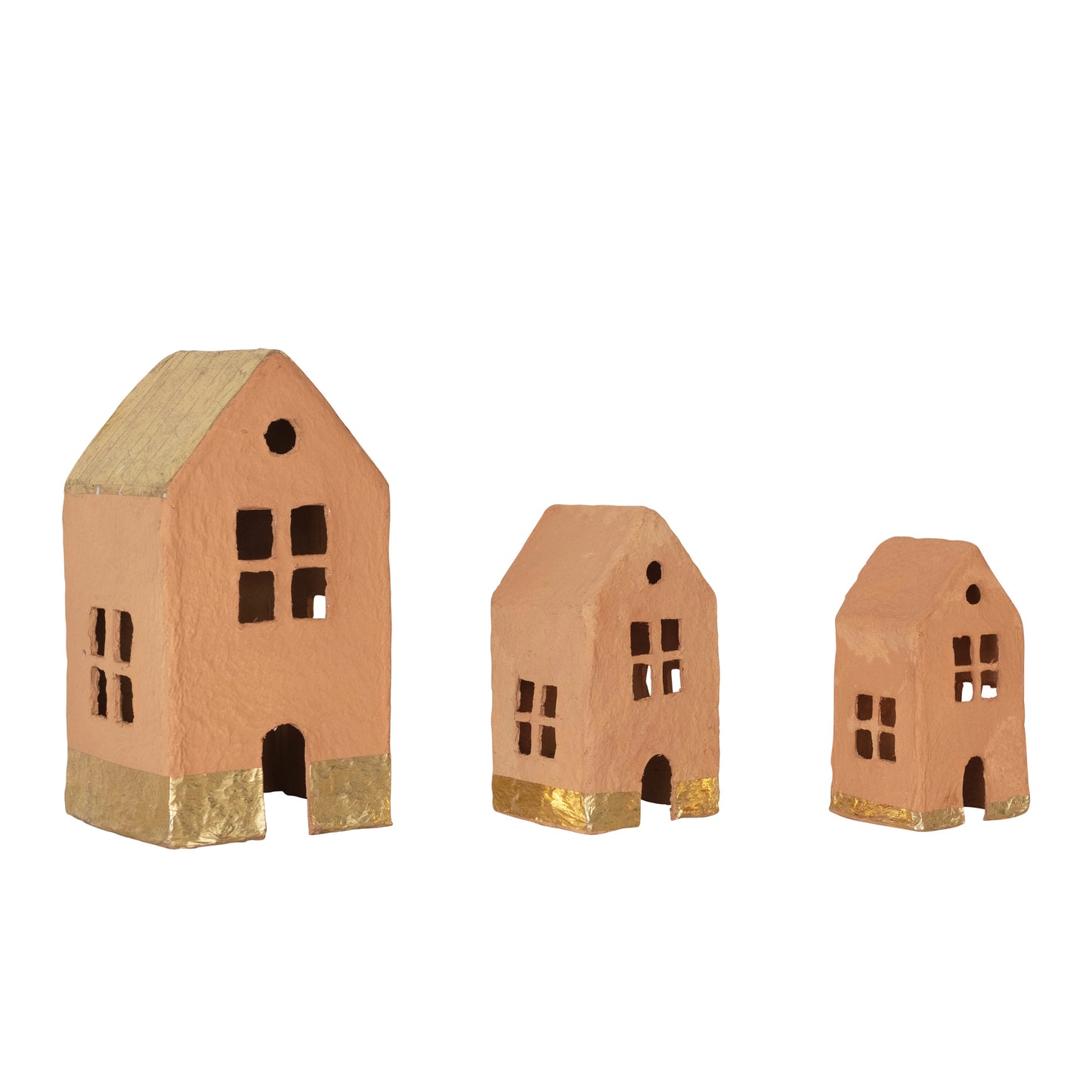Handmade Paper Mache Houses with Gold Foil Terracotta, Set of 3