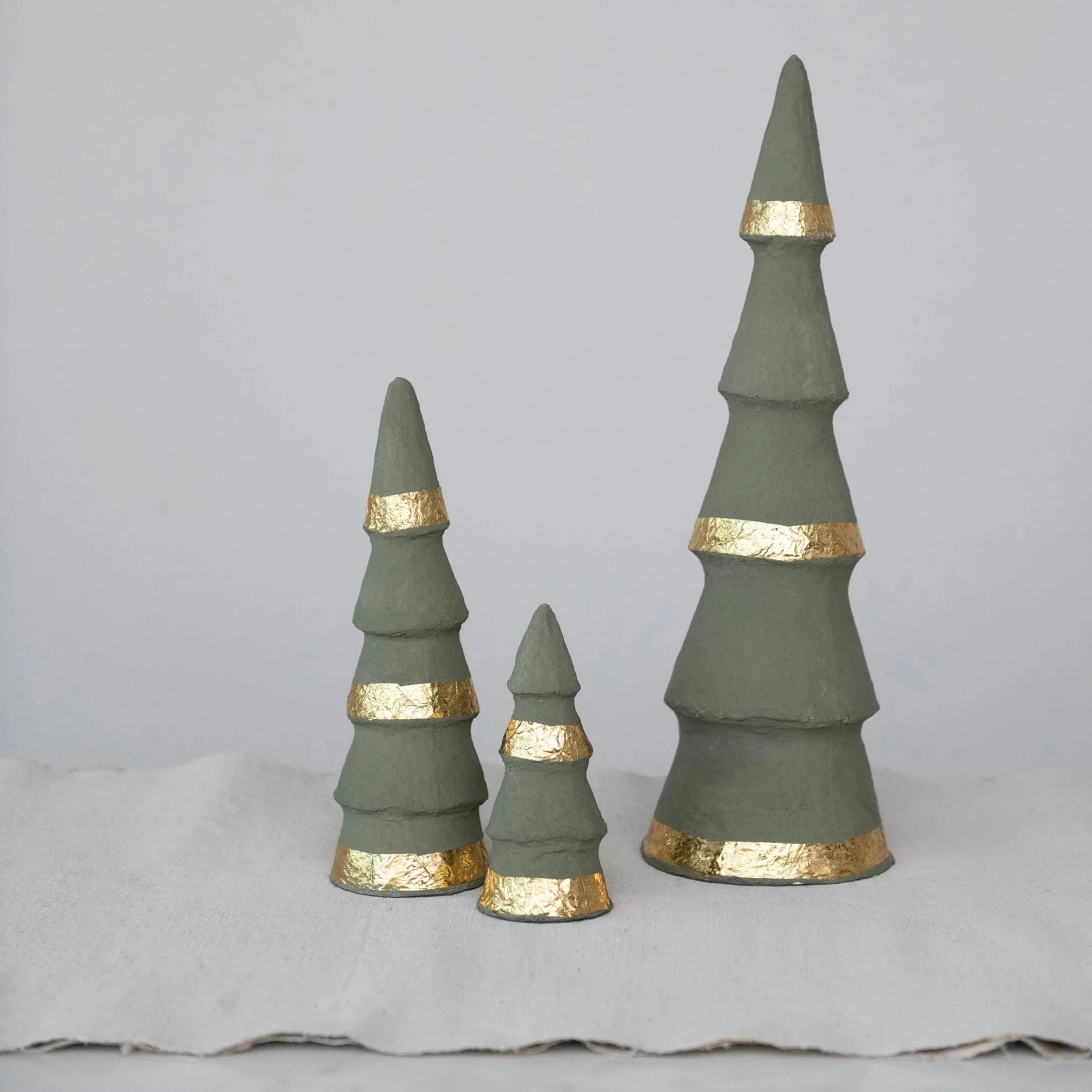 Handmade Paper Mache Trees with Gold Foil, Grey, Set of 3