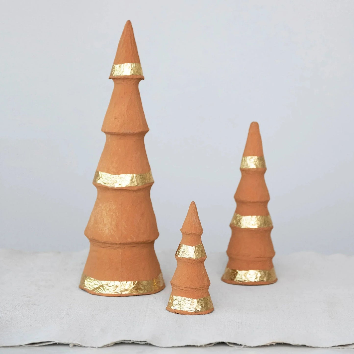 Handmade Paper Mache Trees with Gold Foil, Terracotta, Set of 3