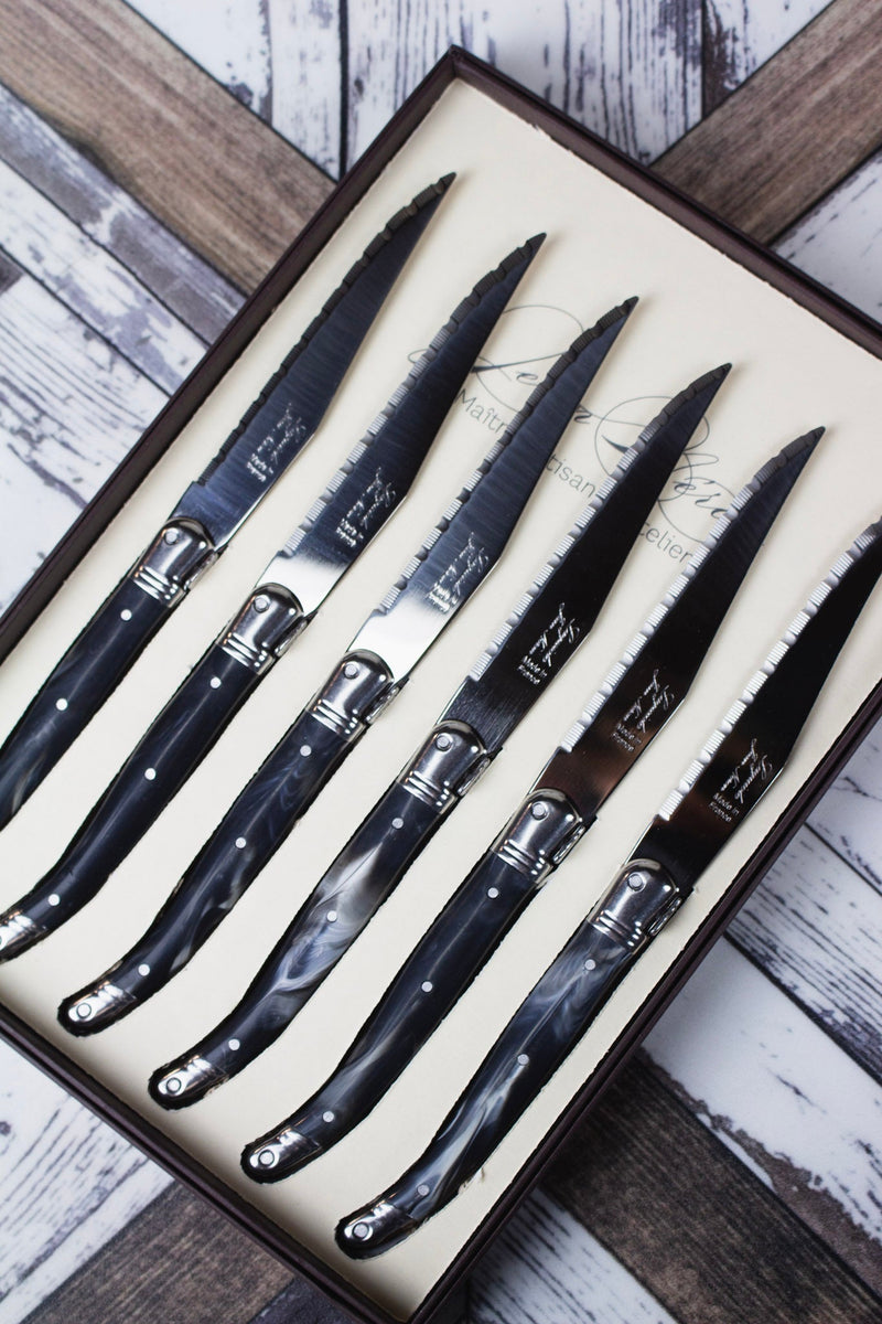 Laguiole Platine Black Marble Steak Knives in Brown Box (Set of 6)