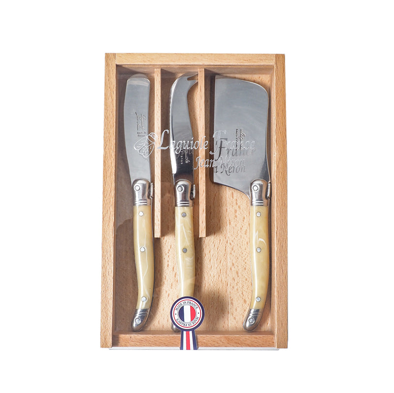 Laguiole Mini Pale Horn Cheese Set in Wooden Box with Acrylic Lid (Set of 3)