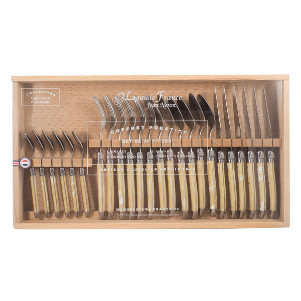 Laguiole Pale Horn Flatware in Wooden Box with Acrylic Lid (Set of 24) - Cutlery Set - Laguiole - Brand_Laguiole - Cheese Sets - Kitchen_Dinnerware - Laguiole - Loose Mini Rainbow Utensils - 7900-54000W_PH_AL-Laguiole-Pale-Horn-Flatware-in-Wooden-Box-with-Acrylic-Lid-_Set-of-24