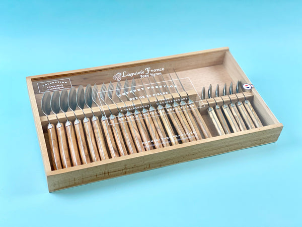 Laguiole Olivewood Flatware in Wooden Box with Acrylic Lid (Set of 24) - Cutlery Set - Laguiole - Brand_Laguiole - Carving Sets - Kitchen_Dinnerware - Laguiole - 790054000WOLAL