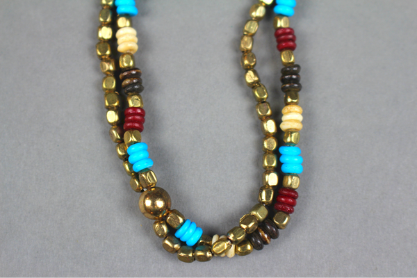 Pisu Beaded Necklace in Gold, Turquoise, and Red