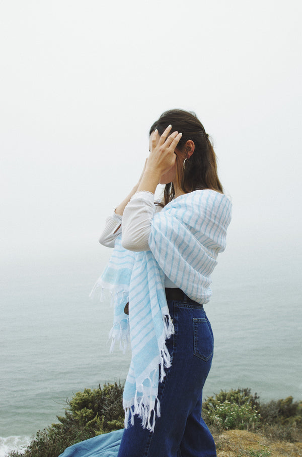 Limited Edition White and Blue Striped Handwoven Scarf