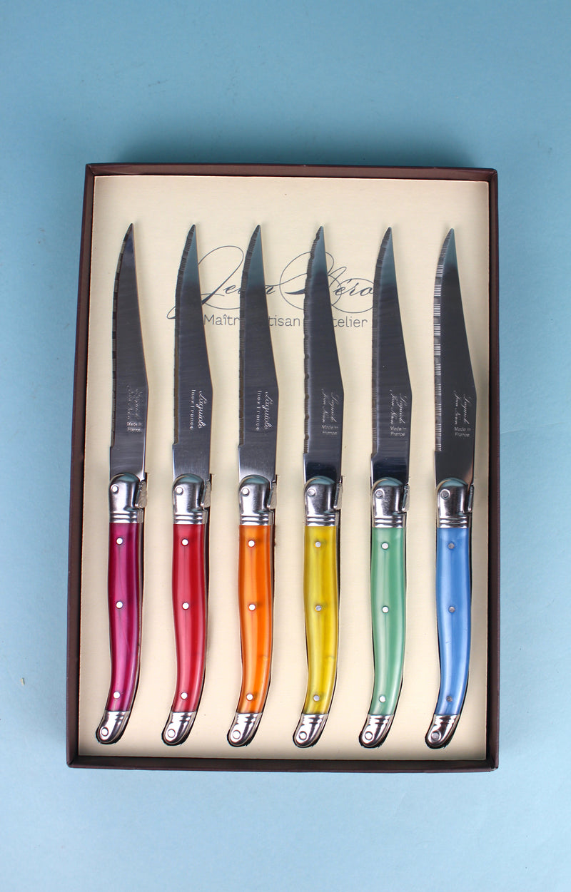 Laguiole Rainbow Steak Knives in Brown Box (Set of 6)