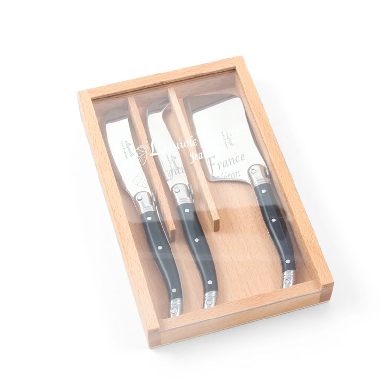 Laguiole Mini Black Cheese Set in Wooden Box with Acrylic Lid (Set of 3)